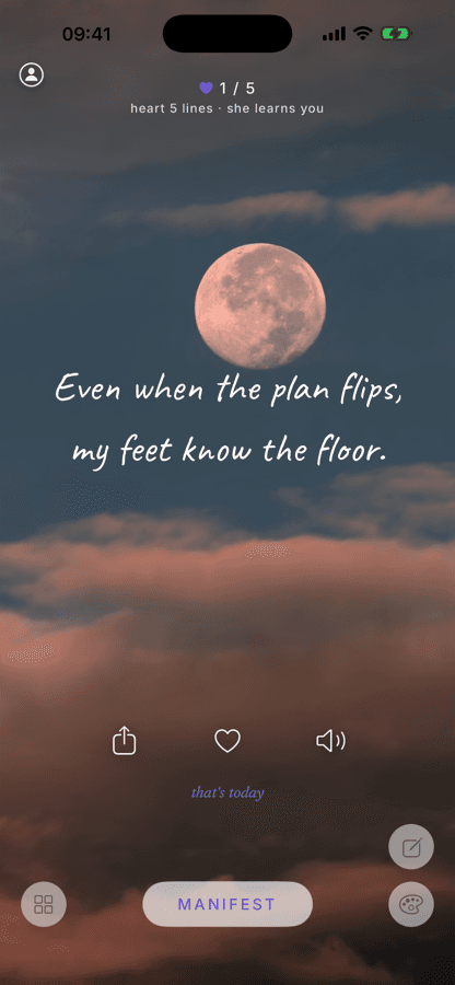 A daily affirmation over a moonlit sky in the Her Affirmations app
